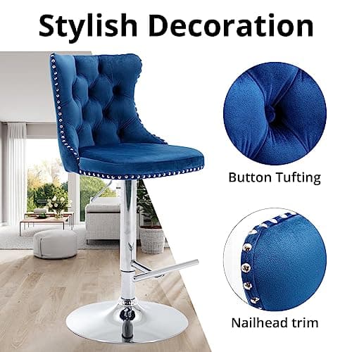 Velvet Swivel Barstools Set of 2, High Back with Nailheads Trim, Blue