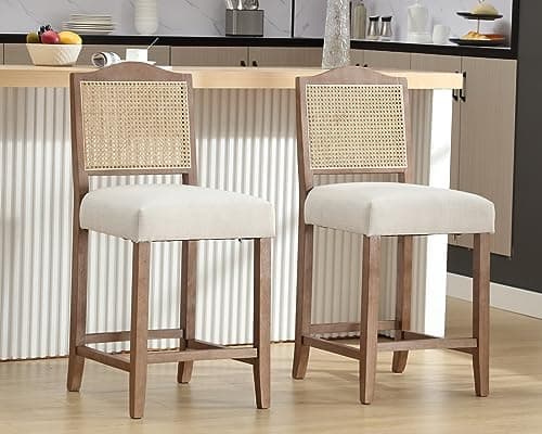 CIMOTA Linen Beige Rattan Farmhouse Bar Stool Set Mid Century Modern 26.5In