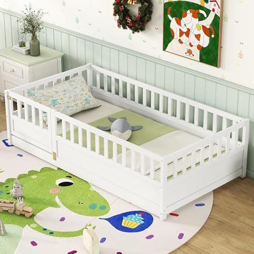 Wood Montessori Twin Floor Bed with Rails for Kids, Boys, Girls