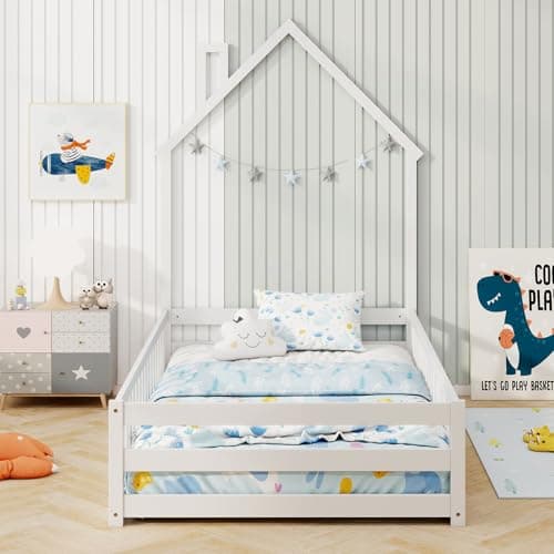 Giantex House-Shaped Montessori Twin Floor Bed with Headboard & Guardrail (White)