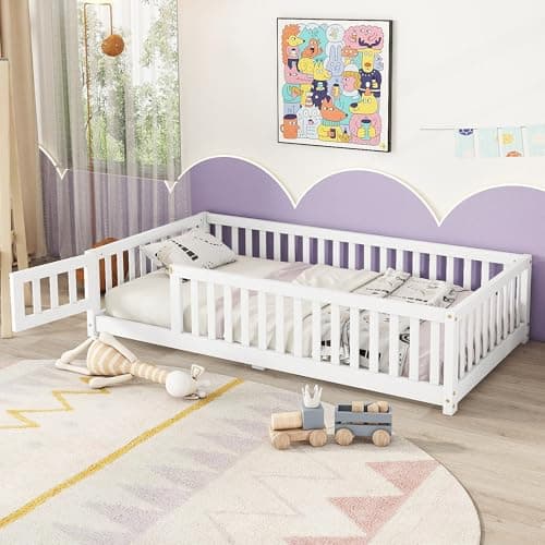 Wooden Montessori Twin Floor Bed with Slats and Support Bar