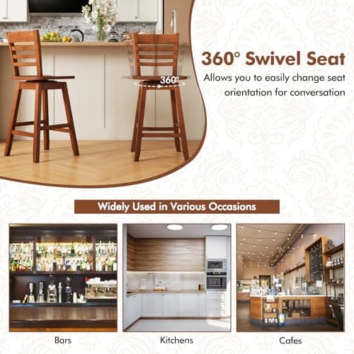 COSTWAY Walnut Counter Height Bar Stool Set with Footrest & Hollow Back (Set of 4)