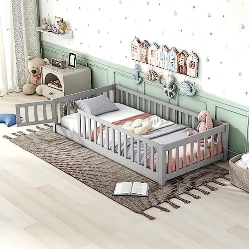 Twin Size Montessori Floor Bed for Kids, Wooden Platform with Rails and Door, Gray