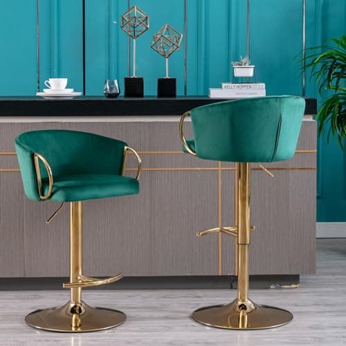 Velvet Counter Height Bar Stools Set of 2 with Chrome Footrest and Gold Base, Swivel Adjustable for Kitchen Island, Pub, Dining Room - Green