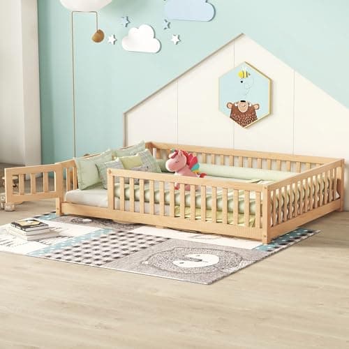 Full-Size Montessori Floor Bed with Slats & Center Support Bar (Natural)