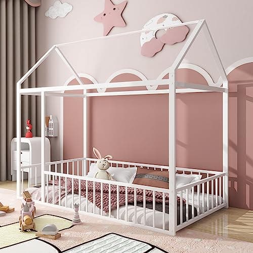 Bellemave Montessori Twin Size House Floor Bed, White
