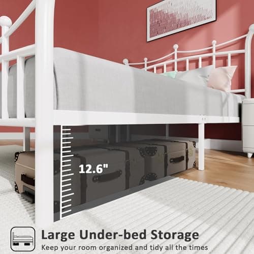 Hombck White Metal Twin Bed Frame with Crown Headboard