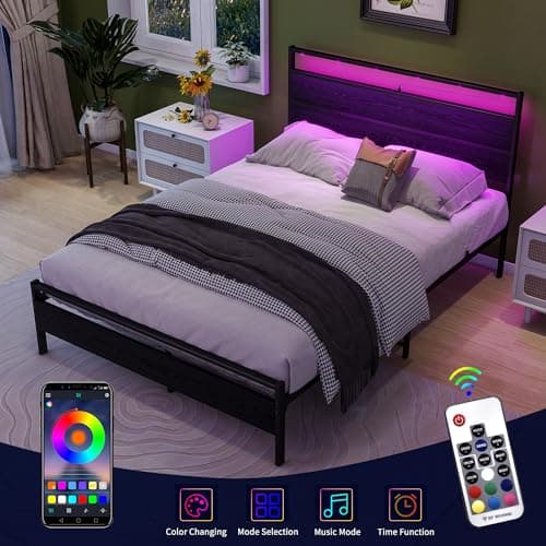 Full Size Metal Bed Frame with Headboard & LED Lights & Charging Station