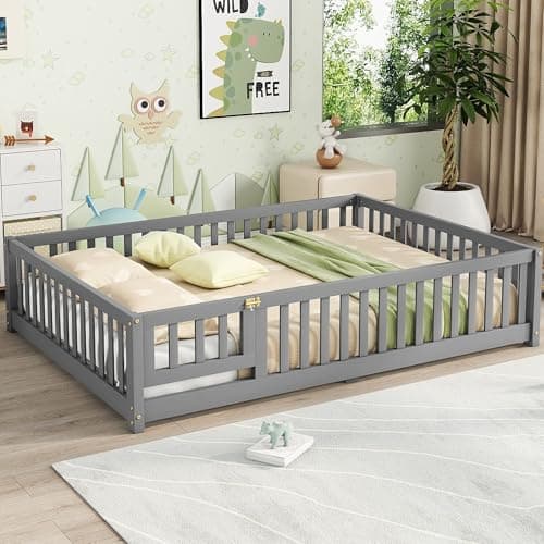 Gray Montessori Floor Bed with Slats and Center Support Bar
