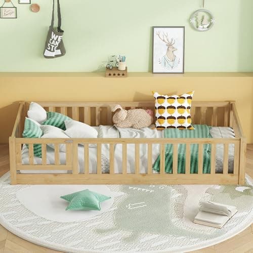 Bellemave Twin Size Floor Bed with Door & Safety Guardrails for Kids