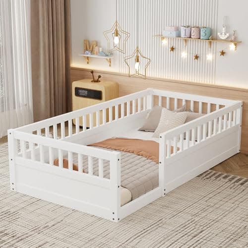 Twin Size Toddler Floor Bed Frame with High Rails & Montessori Design (Natural)