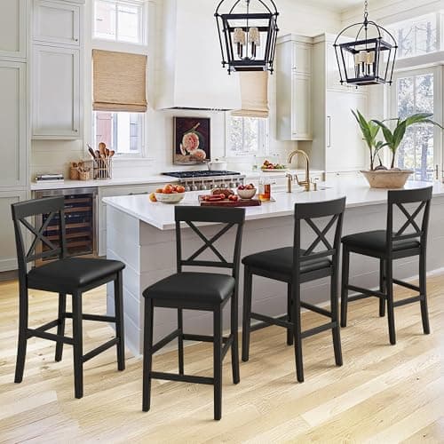 26" Rubber Wood Bar Stools, Set of 4, Black Classical X-Back