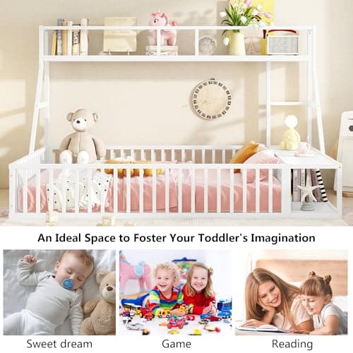 Full Size Kids' Safety Fence Floor Bed with Desk & Storage, Off White