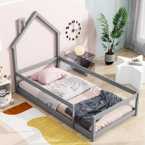 Montessori Twin Floor Bed with Roof & Guardrails, Easy Assembly, Grey