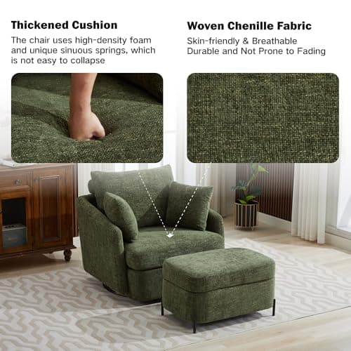 Oversized Green Chenille Swivel Chair with Ottoman