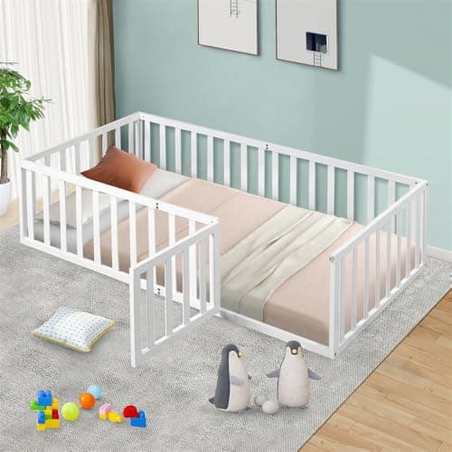 Montessori Floor Bed for Kids, Queen Size with Fence & Door - Walnut
