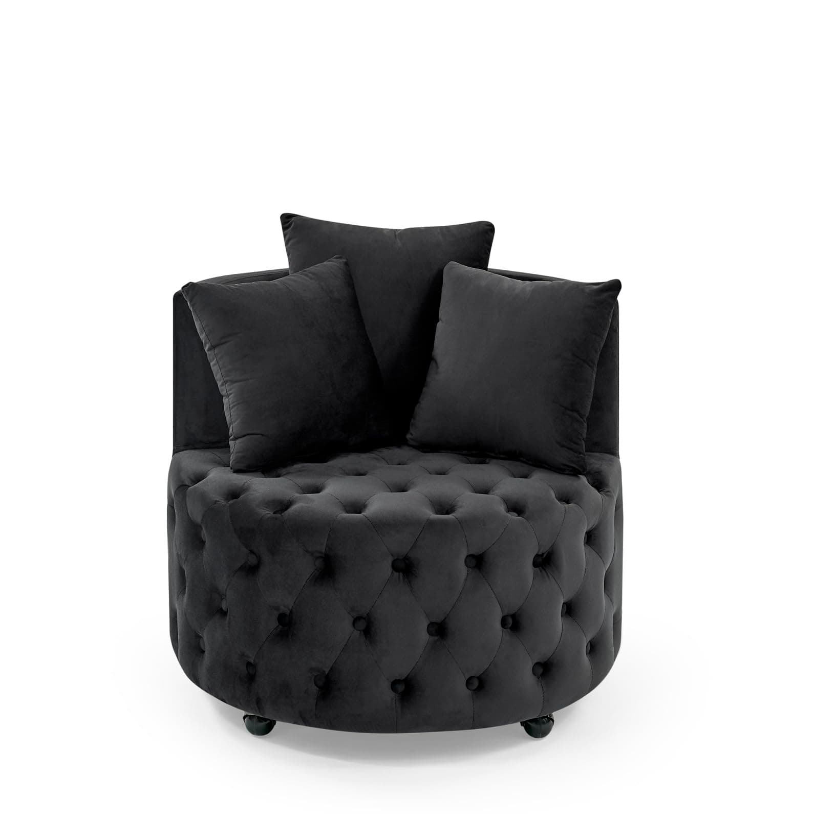 Modern Velvet Swivel Barrel Chair with 3 Pillows, 4 Wheels and 360 Degree Swivel