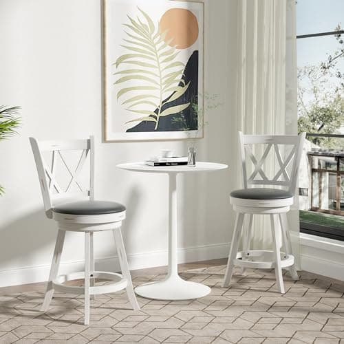 Antique White Swivel Bar Stools with High Back & Wood Footrest (Set of 2)