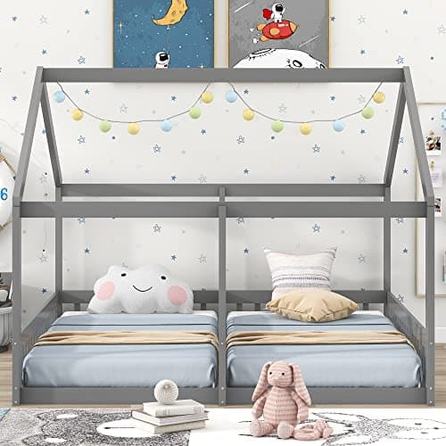 P PURLOVE Double Twin Bed for 2 Kids with Fence, Gray