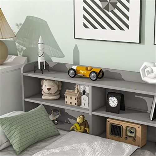 Full Size Gray Solid Wood Bed with Side Bookcases & Storage Drawers