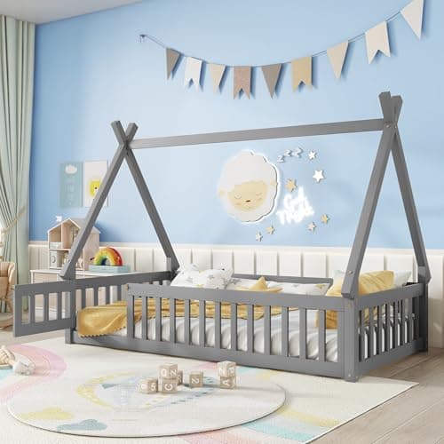 Montessori Full Size Wood Teepee Floor Bed with Slats and Guardrails