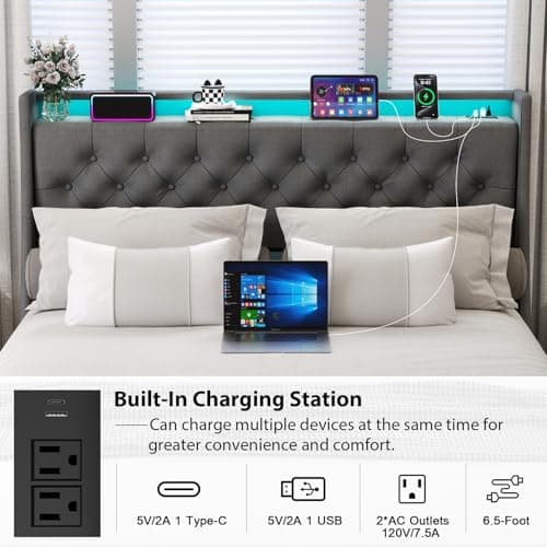 Queen Size Bed Frame with Storage Drawers & LED Lights, Upholstered Headboard, Charging Station, Steel Support, No Box S