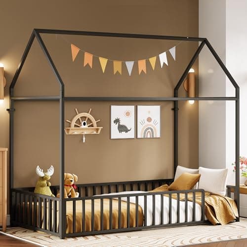 LIKIMIO Twin Metal House Bed with Roof & Fence Guardrails, Black