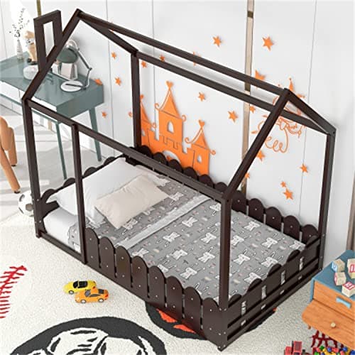 Wood House Bed Frame with Fence, Roof, and Full-Length Guardrail, for Children and Teens