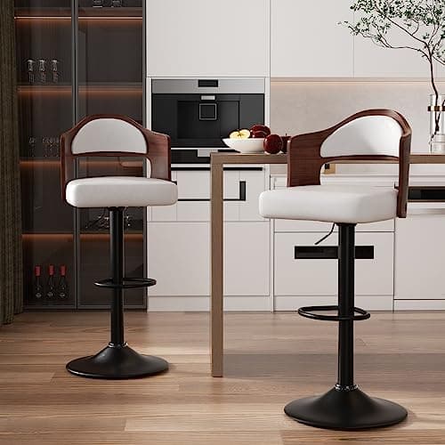 Adjustable Height Wooden Bar Stools Set PU Leatheratoi UTF8 Seat Back & Footrest