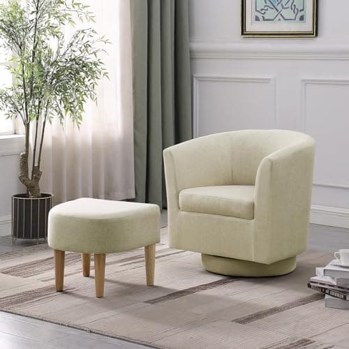 Beige 360 Degree Swivel Accent Chair with Ottoman for Living Room and Bedroom