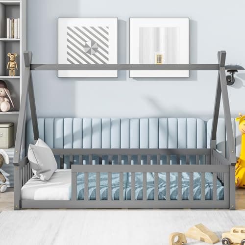 Montessori Floor Bed for Kids with Guardrails, Twin Size, Tent-Shaped Grey Frame