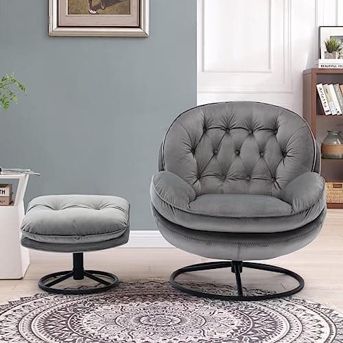 Modern Velvet Swivel Chair with Ottoman for Living Room, Gray