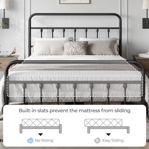 Yaheetech Classic Queen Bed Frame with Victorian Iron-Art Headboard/Footboard/Under Storage Black