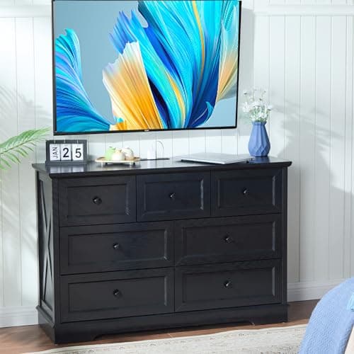 Modern LDTTCUK Bedroom Dresser with 7 Drawers & Charging Station, Black