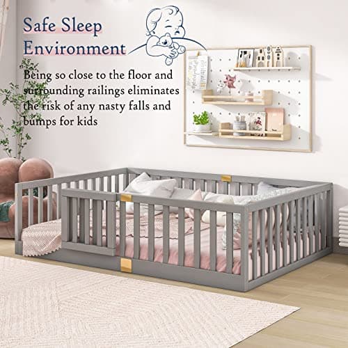 Tatub Full Montessori Floor Bed, Solid Wood, High Rails, Grey
