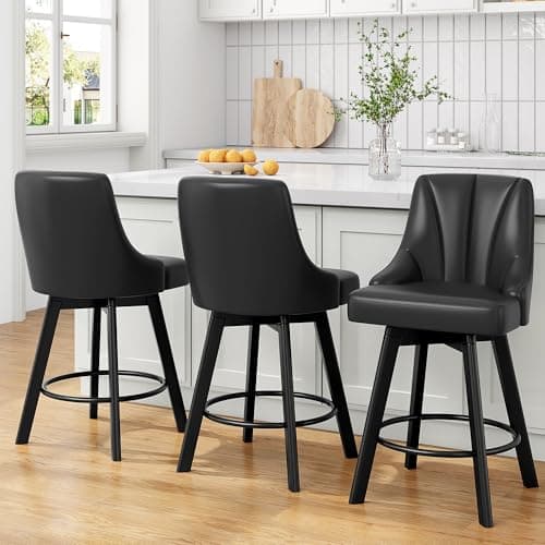 Black Leather Back Bar Stools, 24" Counter Height, Set of 2