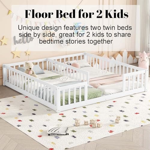 Montessori Wooden Floor Bed for 2 Kids, White Fence RailINGS, Box Spring Needed