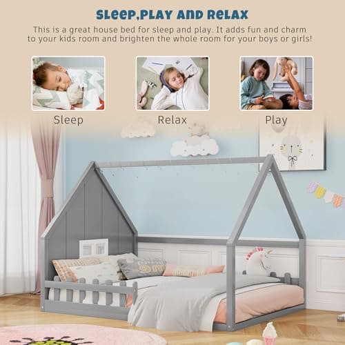 Merax Wood Montessori Full Size Floor Bed with LED Light, Grey