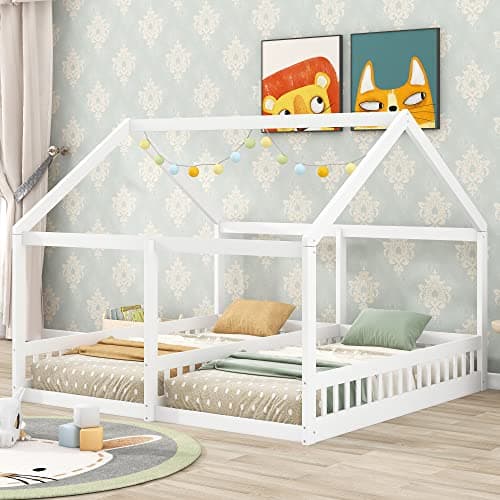 P PURLOVE Double Twin Bed for 2 Kids with Fence, Gray
