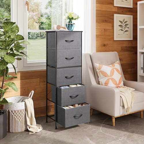 WLIVE 5-Drawer Fabric Dresser with Wood Top - Tall Storage Organizer for Bedroom, Closet, or Hallway in Dark Grey