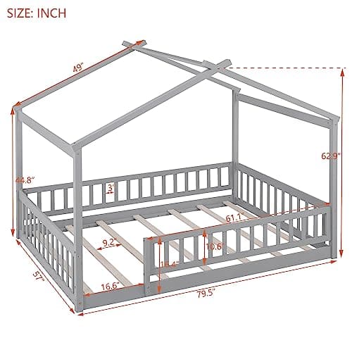 Full Size Wood Montessori Bed with Roof and Fence-Shaped Guardrails, Gray