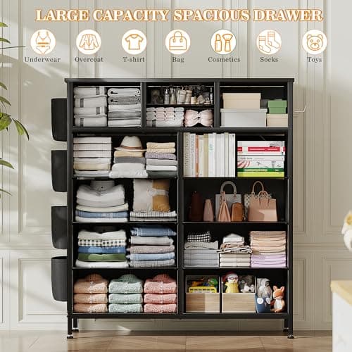 Lulive Tall Dresser Chest with 12 Drawers & Hooks (Black)