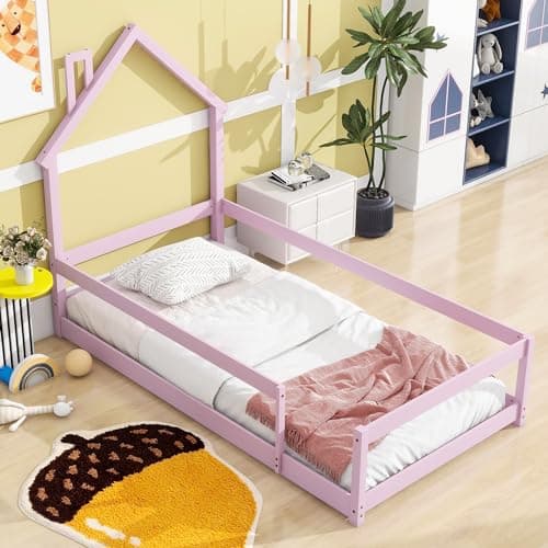 Montessori Twin Floor Bed for Kids with Roof & Guardrails, Pink