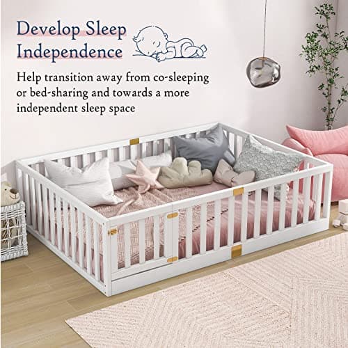 Tatub Full Montessori Floor Bed, Solid Wood, High Rails, Door Install Left or Right, Full-White