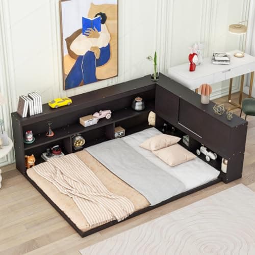 Full Size Daybed with L-Shaped Bookcases and Sliding Doors