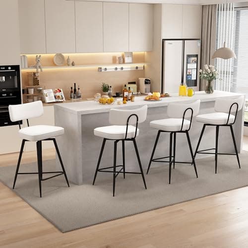 26 Inch White Leather Counter Swivel Stools with Back, Kitchen Bar Chairs Set of 2