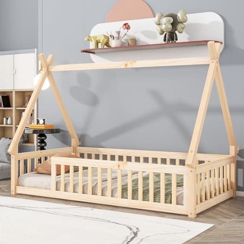 Montessori Floor Bed for Kids with Guardrails, Twin Size, Tent-Shaped Grey Frame