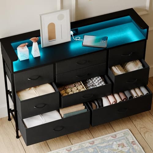 Black LED Dresser with 9 Drawers and Charging Station for Kid's Room or Living Space