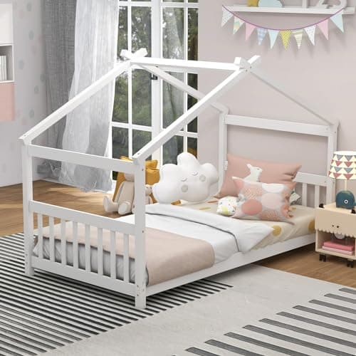KOMFOTT Twin Wood House Bed for Kids, White, No Box Spring Needed