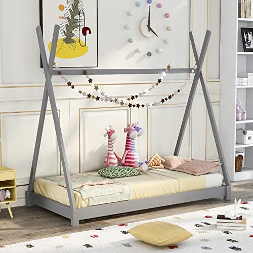 Montessori Style Black & Brown Wood Teepee Bed for Kids Box Spring Required